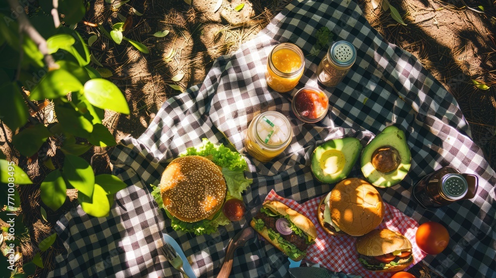 Vegan cheeseburger picnic under the trees, with refreshing lemonade and avocado slices Vegan cheeseburger picnic under the trees, with refreshing lemonade and avocado slices