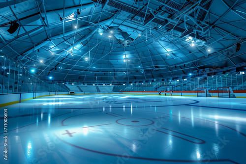 Inside a domed ice hockey arena, highlighting the ice rink and high-tech cooling system, with ambient lighting for nighttime games.