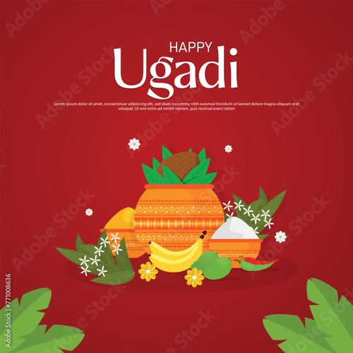 Happy Ugadi, New Year's Day according to the Hindu calendar - poster template design including Kalash, green mango, flowers.