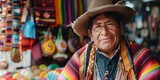 Bolivian indigenous man selling crafts in La Paz showcasing Latin American culture and tradition. Concept Indigenous Culture, Latin American Crafts, Bolivian Traditions, La Paz Street Market