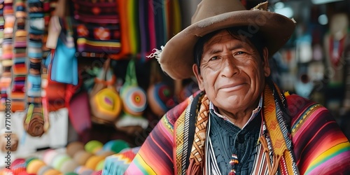 Bolivian indigenous man selling crafts in La Paz showcasing Latin American culture and tradition. Concept Indigenous Culture, Latin American Crafts, Bolivian Traditions, La Paz Street Market photo
