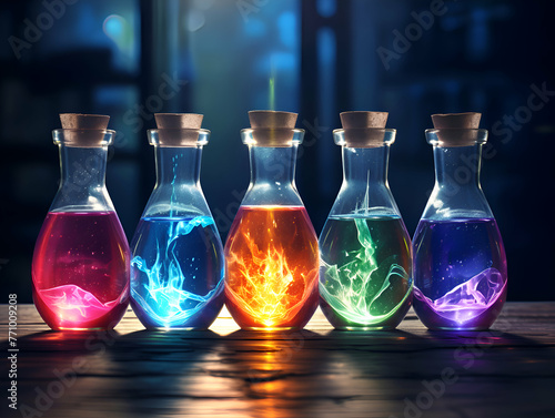 Colorful magic potion in bottles on dark background. 3D rendering