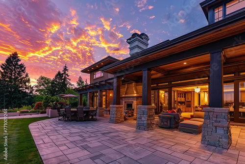 Luxurious home exterior at sunset, featuring a large covered patio.