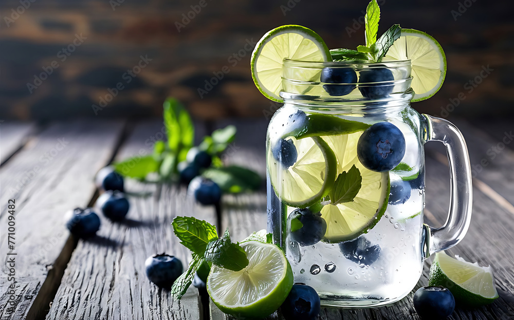 Blueberry detox water with lime and mint in mason jar on wooden background - obrazy, fototapety, plakaty 
