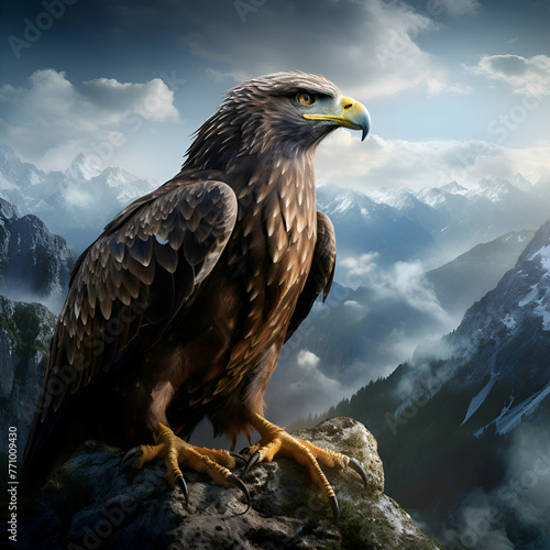 Bald Eagle on a rock in the mountains.