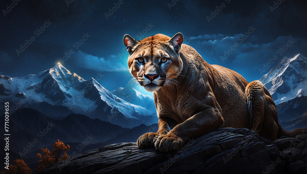 Portrait of a cougar, mountain lion, puma, Winter mountains - obrazy, fototapety, plakaty 