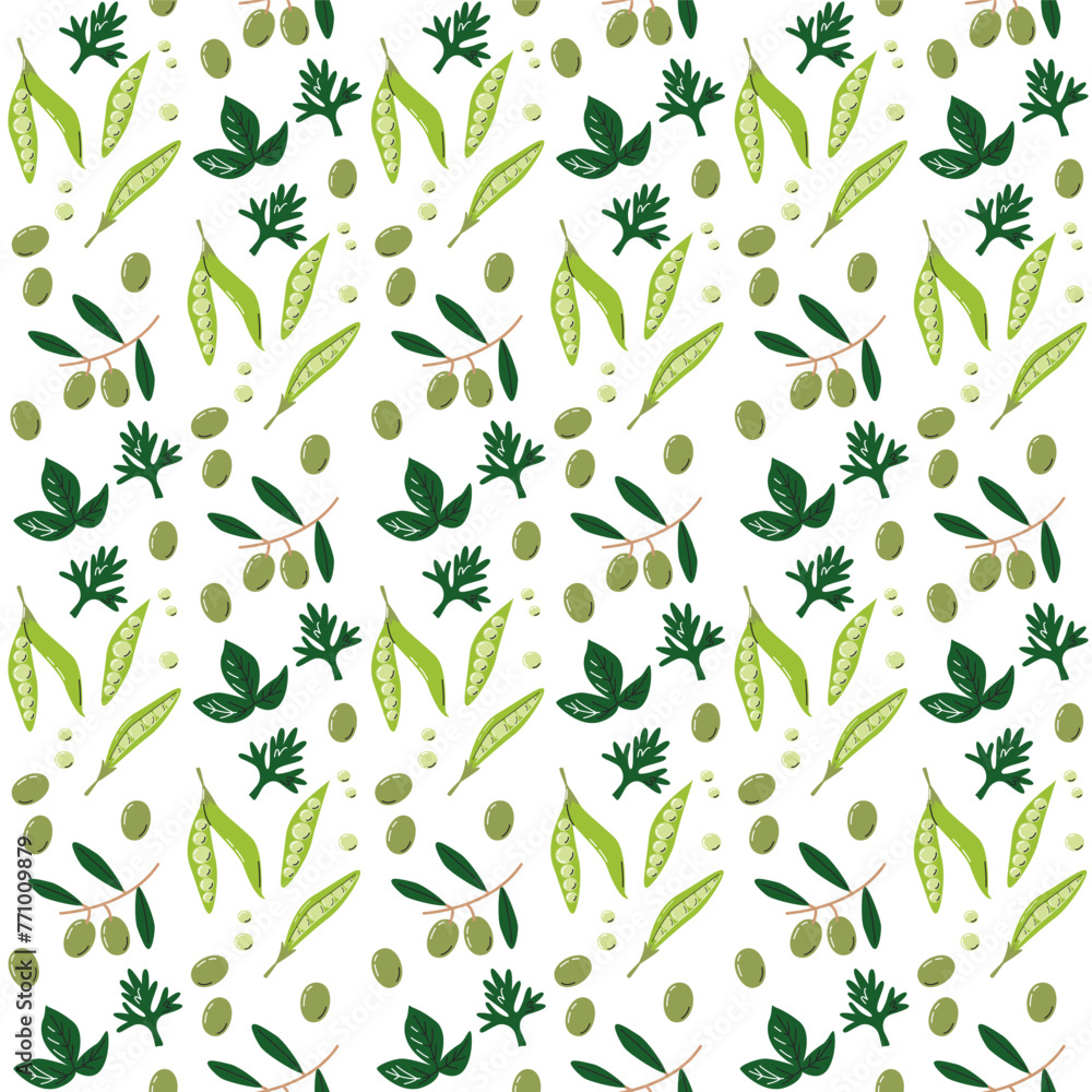 Cute green vegetable background isolated on white. Local farmer's market seamless pattern. Veggies concept design. Agriculture and organic food. Olives and peas hand drawn flat vector illustration Cute green vegetable background isolated on white. Local farmer's market seamless pattern. Veggies concept design. Agriculture and organic food. Olives and peas hand drawn flat vector illustration