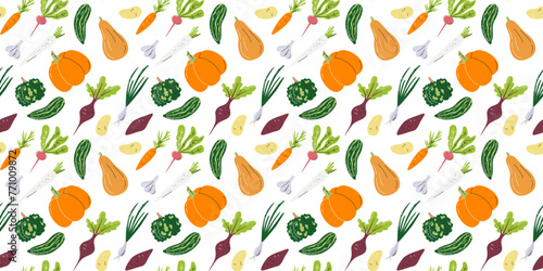 Seamless pattern with onion bok choy, radish and garlic. Organic vegetable print design isolated on white. Local farmer's market product background. Spice veggies hand drawn flat vector illustration