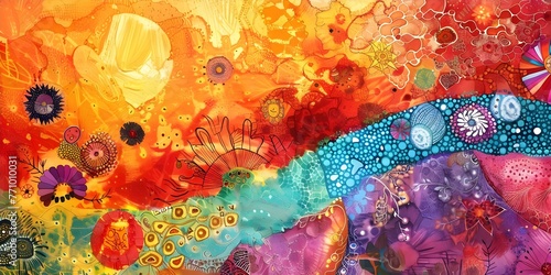 Australian Aboriginal dreamtime creation story depicted through vibrant artwork of a rainbow serpent and various elements of nature. Concept Australian Aboriginal Art, Dreamtime Stories