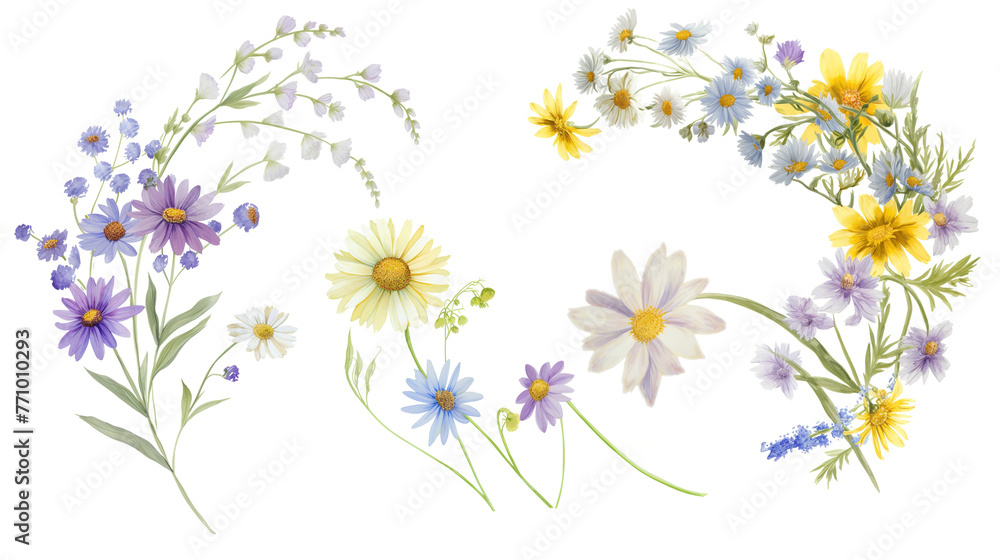  set of watercolor wild flowers and daisies in a floral wreath, yellow flowers with lavender clipart isolated on a white background, a digital art illustration in a pastel color