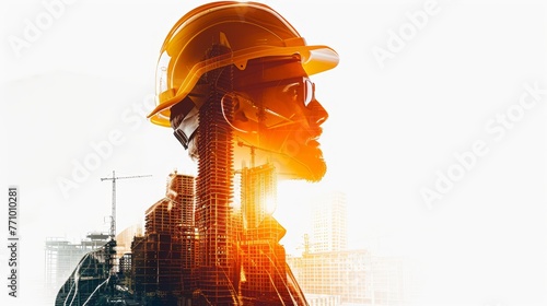 Silhouette of a Worker in Yellow Helmet Amidst City Skyline of Buildings Under Construction Generative AI