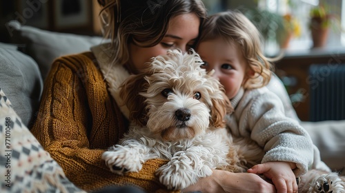 Joyful Family with Puppy Relaxing on Sofa in Modern Living Room Generative AI