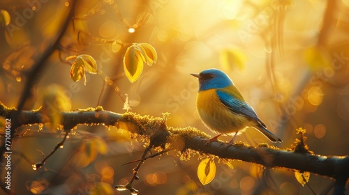 Small Blue Bird Perched on Moss-Covered Branch Surrounded by Natural Background and Forest Water Generative AI