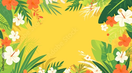 bright summer theme horizontal frame for social media, greeting card, blank space for text in the center, sales promotion banner with colorful flat design style 