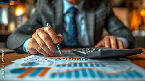 Businessman analyzing financial data with calculator at a wooden desk in an office.