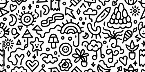 Fun black line doodle seamless pattern. Creative minimalist style art background for children or trendy design with basic shapes. Simple childish scribble backdrop
