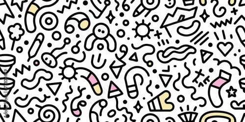 Fun black line doodle seamless pattern. Creative minimalist style art background for children or trendy design with basic shapes. Simple childish scribble backdrop