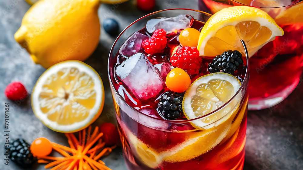 Fresh summer sangria cocktail with lemon and berries cold drink with orange spices and ice Fresh summer sangria cocktail with lemon and berries cold drink with orange spices and ice