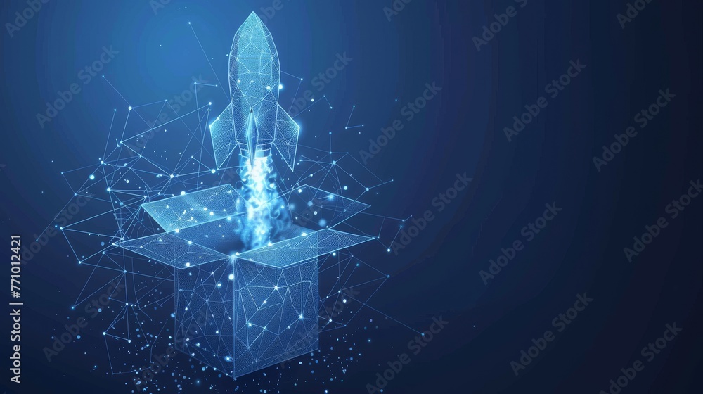 Think outside the box with this abstract open-box and rocket launch. Geometric background. Wireframe light connections. Modern 3d graphic concept. Isolated  illustration. - obrazy, fototapety, plakaty 