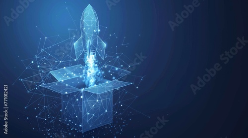 Think outside the box with this abstract open-box and rocket launch. Geometric background. Wireframe light connections. Modern 3d graphic concept. Isolated illustration.