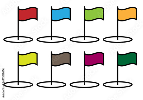 Hoja de iconos de banderas de varios colores en fondo blanco.