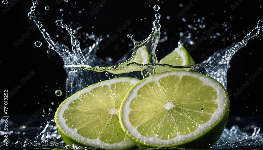 Fresh lime plunging into water, creating dynamic splashes against a sleek black backdrop, a zesty burst of citrus delight Fresh lime plunging into water, creating dynamic splashes against a sleek black backdrop, a zesty burst of citrus delight