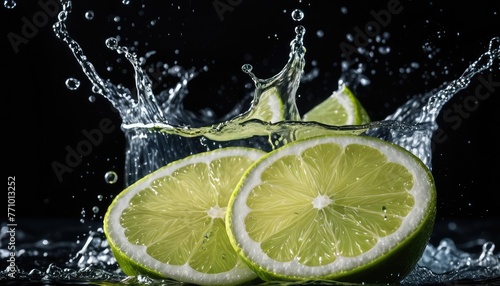 Fresh lime plunging into water, creating dynamic splashes against a sleek black backdrop, a zesty burst of citrus delight