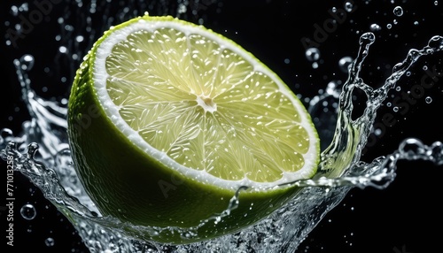 Fresh lime plunging into water  creating dynamic splashes against a sleek black backdrop  a zesty burst of citrus delight