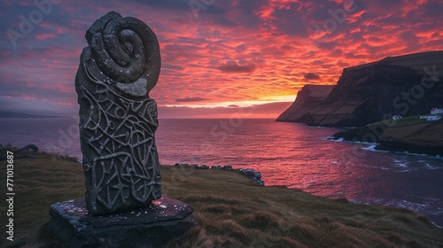 As the sun sets over the Faroe Islands, Kingdom of Denmark, the sky is ablaze with hues of orange and pink