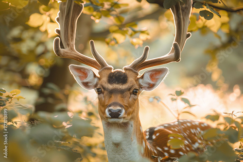 A deer with antlers is standing in a forest photo
