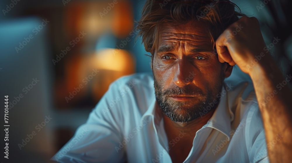White shirt guy thinking and worried in the office. White shirt guy thinking and worried in the office.