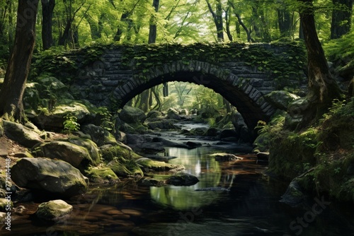Timeless Passage: A Majestic Stone Bridge Spanning the Tranquil Waters of a Serene Stream, Inviting Quiet Reflection and Gentle Crossing © zaroosh