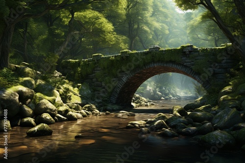 Timeless Passage  A Majestic Stone Bridge Spanning the Tranquil Waters of a Serene Stream  Inviting Quiet Reflection and Gentle Crossing