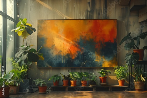 An inviting space adorned with a colorful painting and green plants, exuding warmth and tranquility.