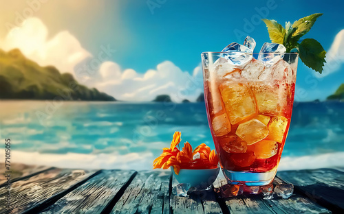 Refreshing summer drink with ice on the background of the sea vacation time cool soft drinks