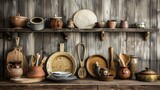 an image of a rustic kitchen scene adorned with traditional utensils and earthy-toned dishware
