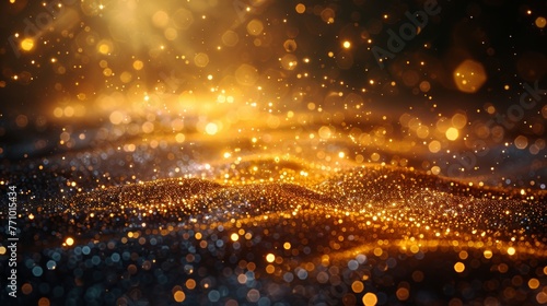 Luminous starburst with sparks. Gold glitter texture.