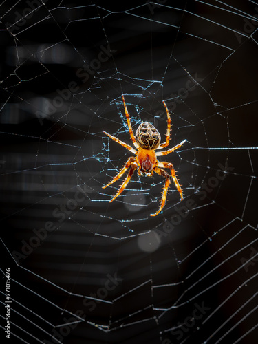 larinioides sclopetarius sobre su tela con fondo oscuro photo