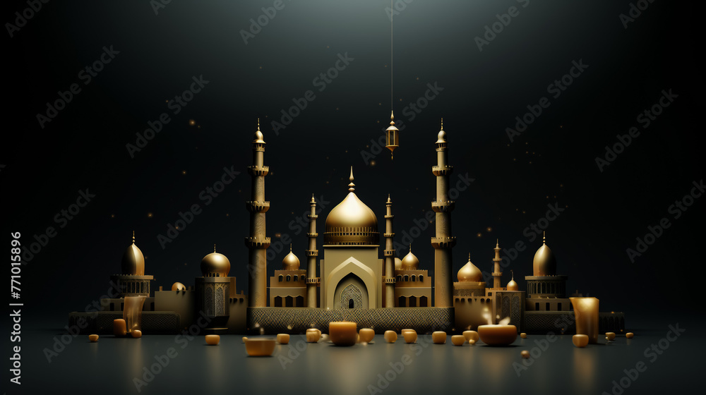 Arabic Islamic calligraphy of golden text Eid Mubarak on abstract dark background.