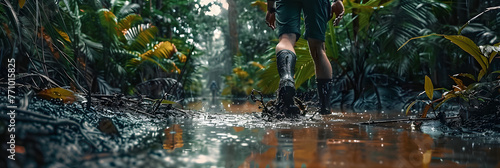 A man walking through mud in the middle of the jungle in rainy weather photo