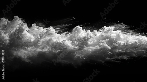 The image shows blurred white water vapour on an isolated black background with copy space. Steam flow. Smoke on white background.