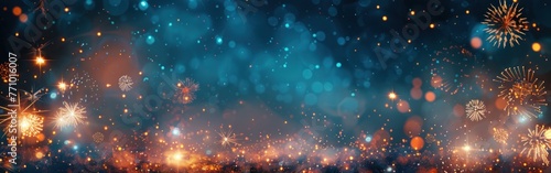 Sylvester Festival Party: New Year's Eve Fireworks Banner on Rustic Dark Blue Night Sky Texture - Panoramic Background