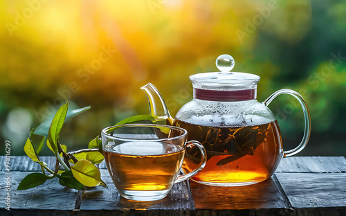 Herbal tea brewed in glass teapot and tea plant in in glasses © nrv