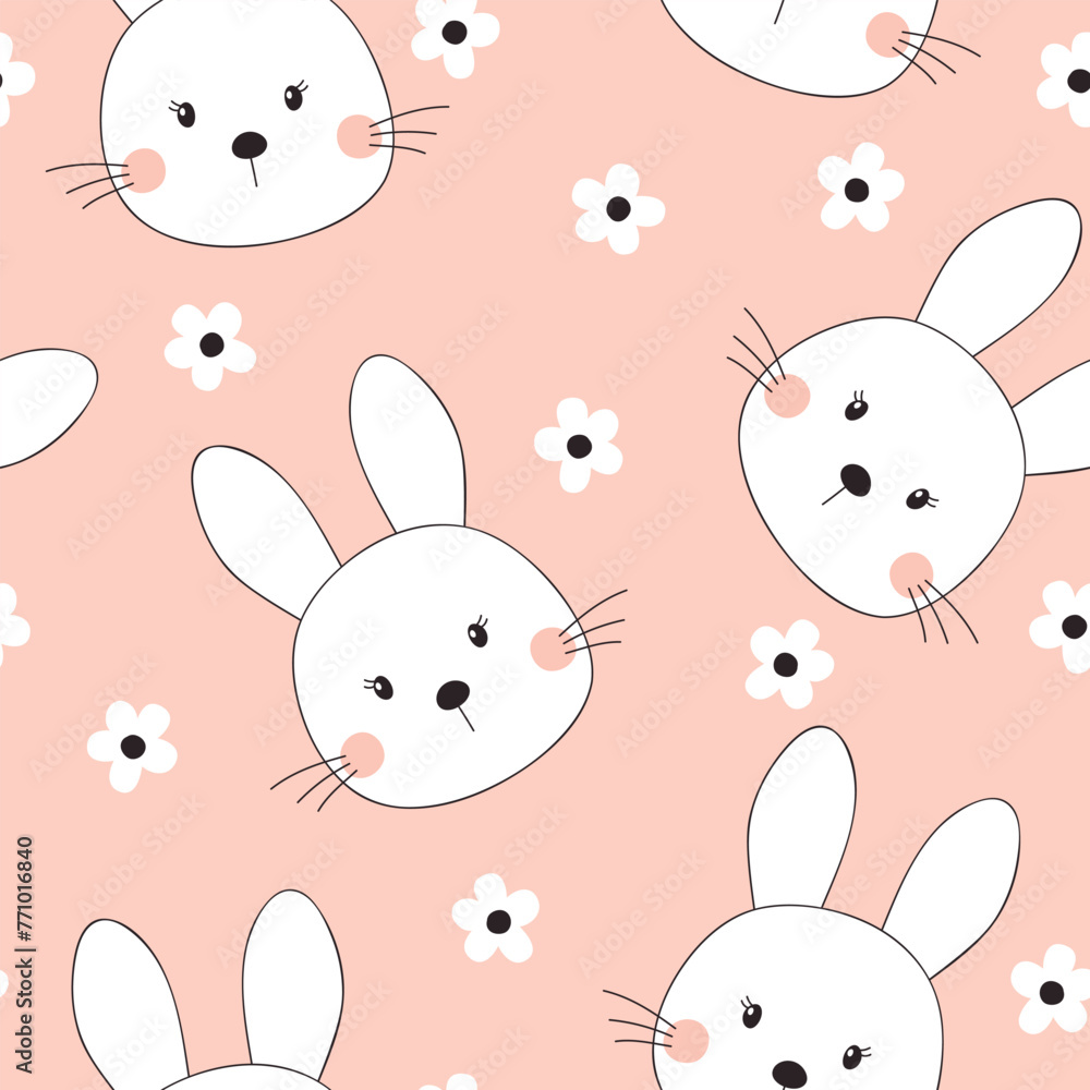 Cute bunny seamless pattern. Childish vector illustration on pink background. It can be used for wallpapers, wrapping, cards, patterns for clothing and others. - obrazy, fototapety, plakaty 