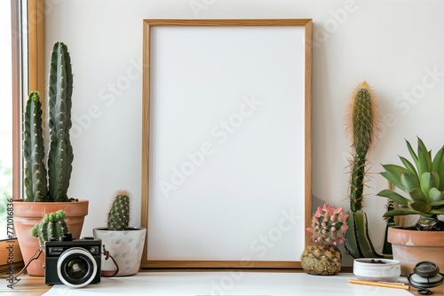 Frame Mockup, Blank Frame with Cacti and Vintage Camera