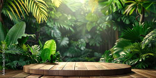 Wooden podium with sunlight, jungle. Space for product or text