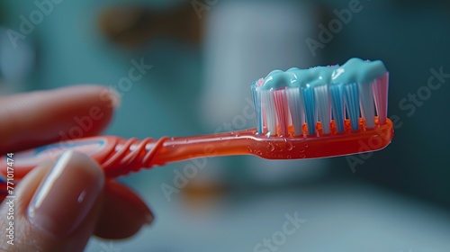 Hand holding red toothbrush with blue two color toothpaste on light surface. Photo of dental hygiene and health maintenance. Object isolated on white background without shadows
