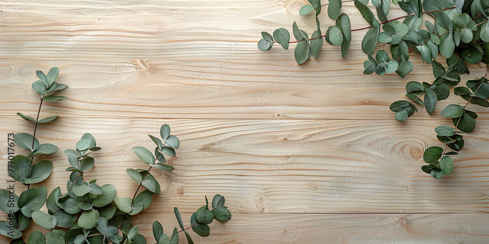 Wooden surface with ecupalipt leaves, space for text or branding Wooden surface with ecupalipt leaves, space for text or branding