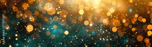 Golden New Year's Eve Party Background with Fireworks and Bokeh Lights on Dark Green Texture - Illustration Panorama © hisilly