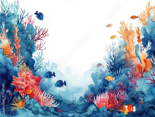 Whimsical watercolor scene of a coral reef  with fish in summer blue tones  white background
